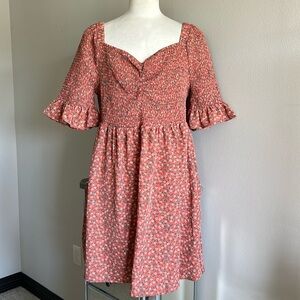 Just Found | Womens Orange Floral Print Boho Smocked Midi Dress - Size 3X